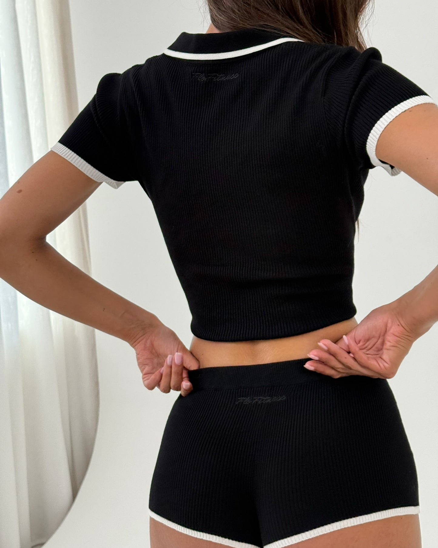 Rib knit collared short set - black/white