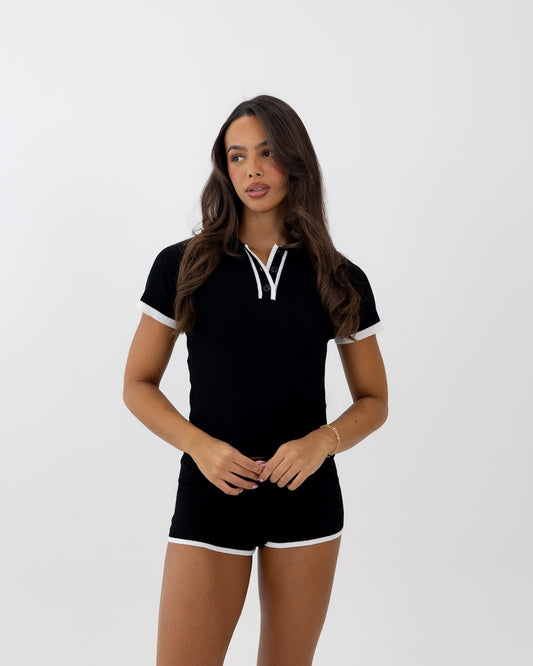 Rib knit collared short set - black/white