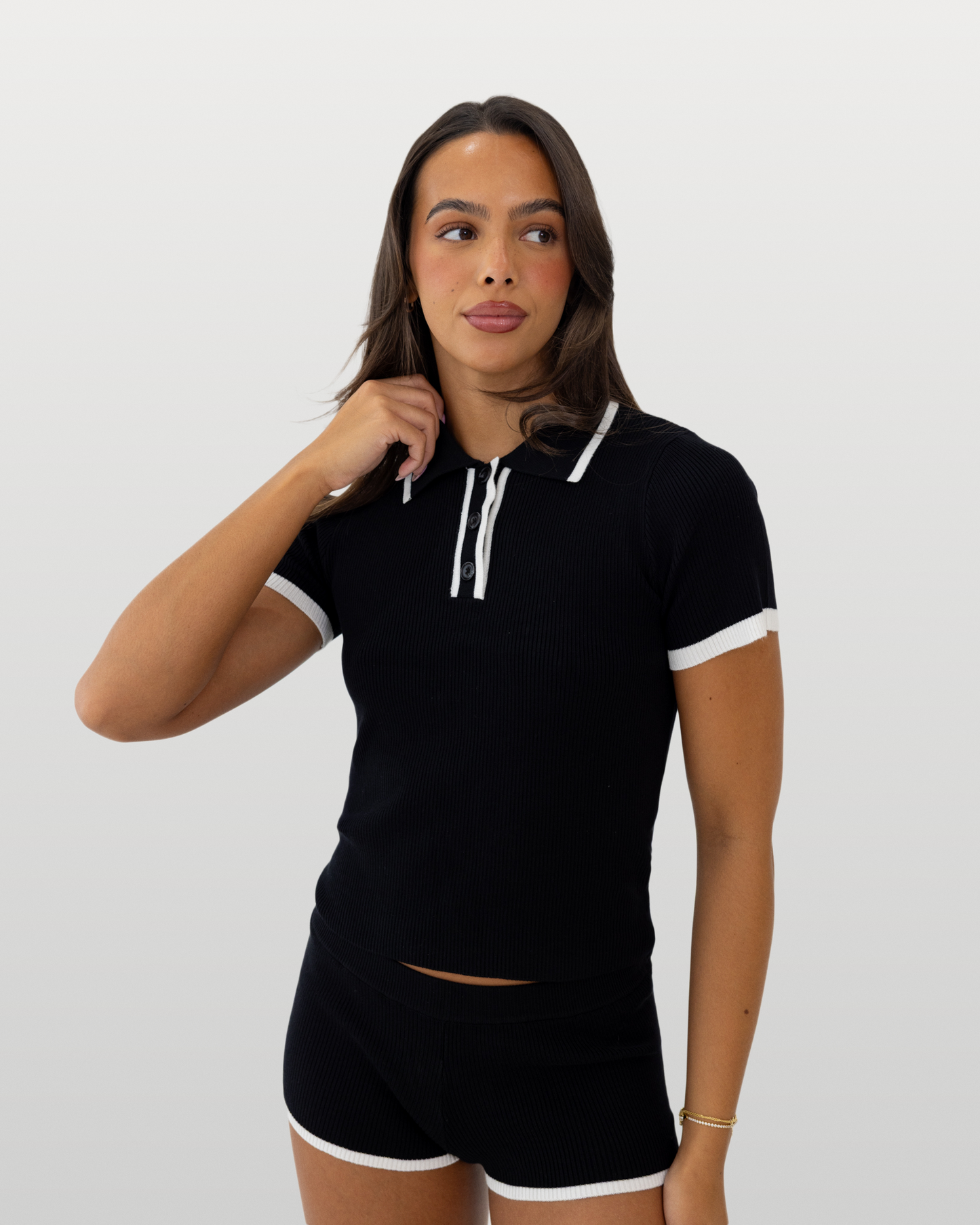 Rib knit collared short set - black/white
